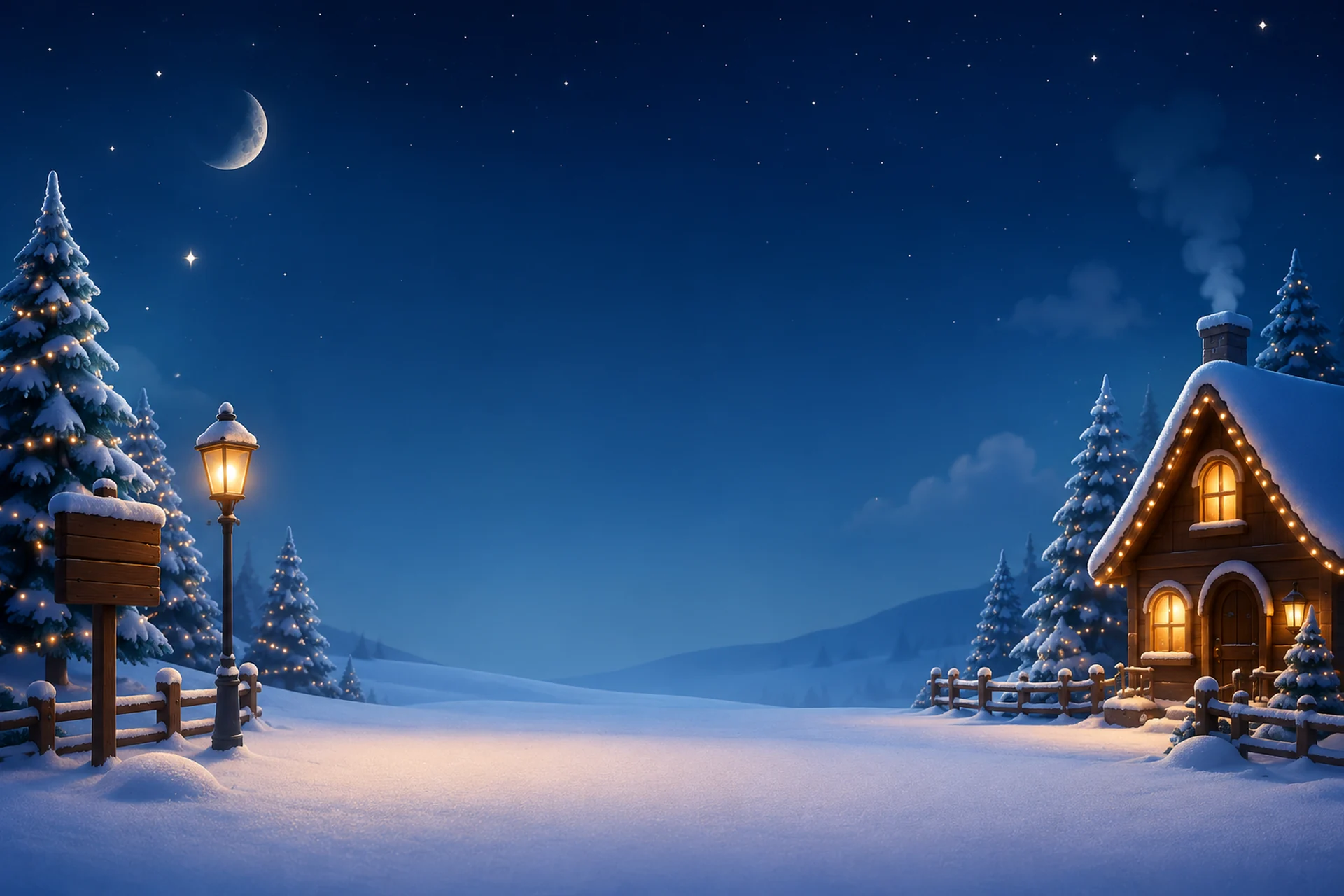 Chalet illuminé dans un paysage enneigé au clair de lune
